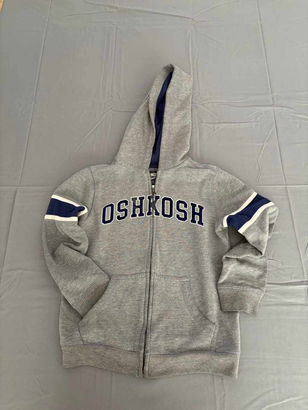 OshKosh B'gosh Grey Hoodie with Navy and White Sleeve Stripes Sz 8